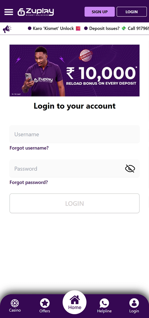 To log into your Zuplay account enter your username and password.