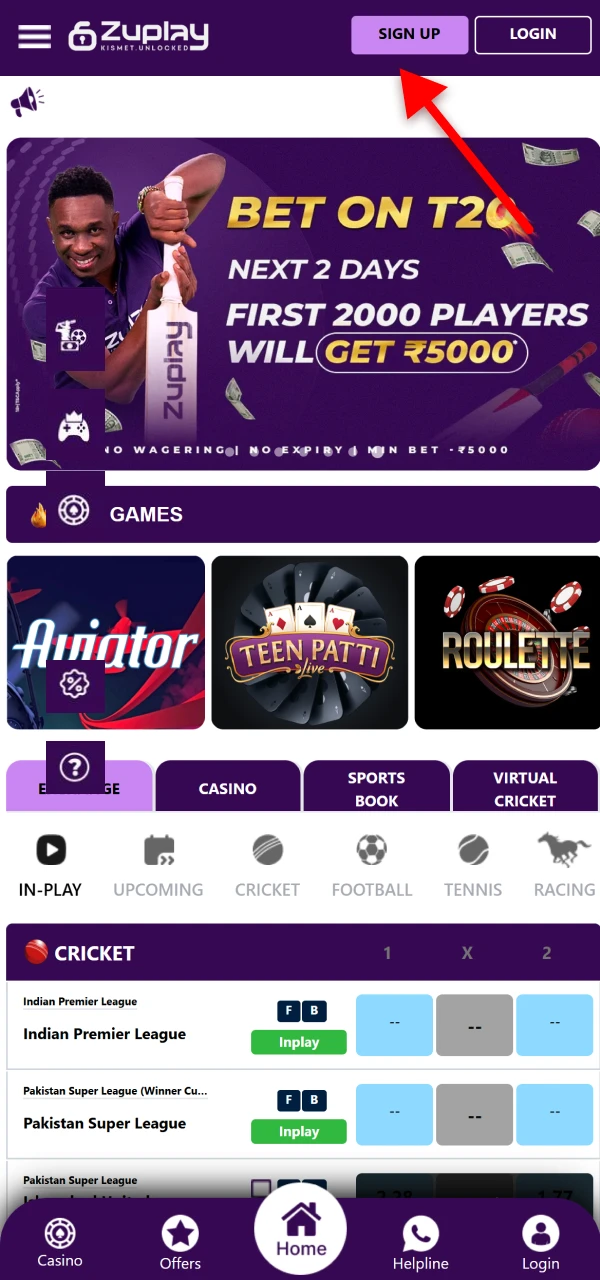 Open the Zuplay website and create a new account by clicking the Sign Up button.