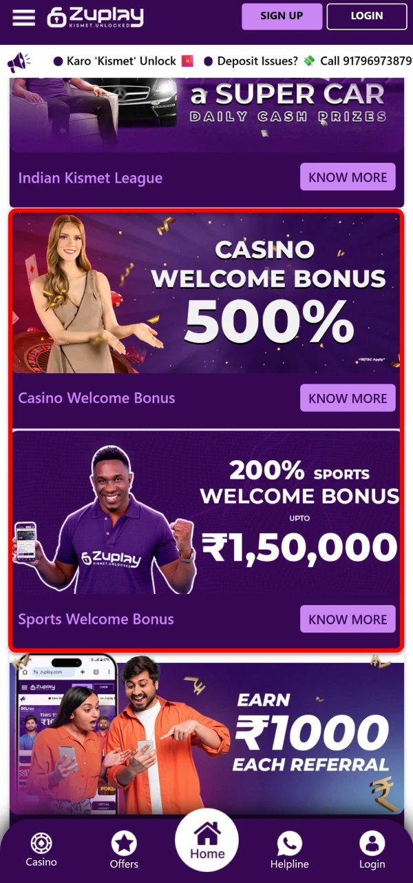 Visit the Promotions section on Zuplay after login to explore available bonuses.