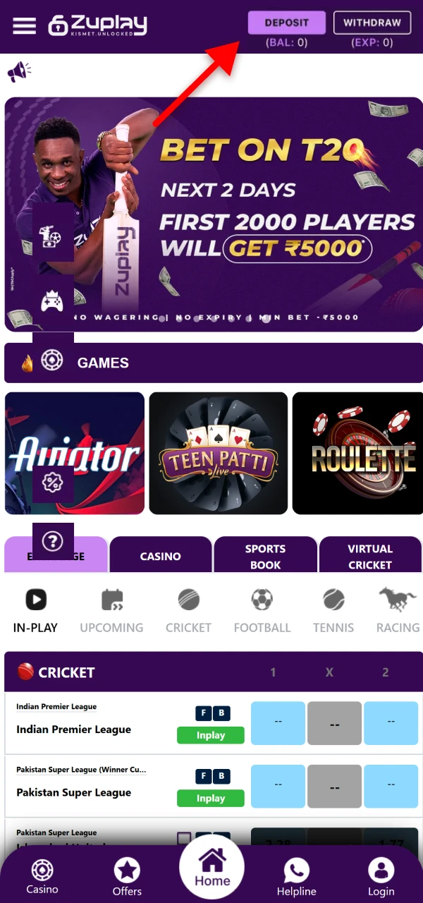 Click the deposit button on Zuplay to open the payment section.