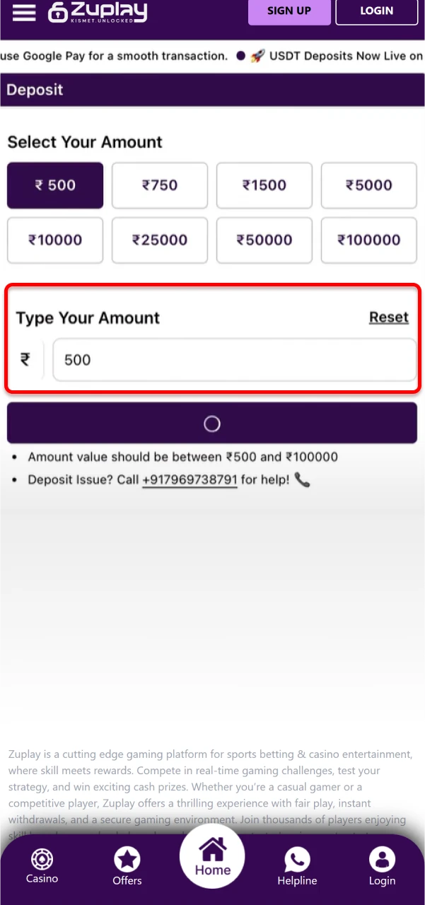 Enter the amount you want to deposit into your Zuplay account.