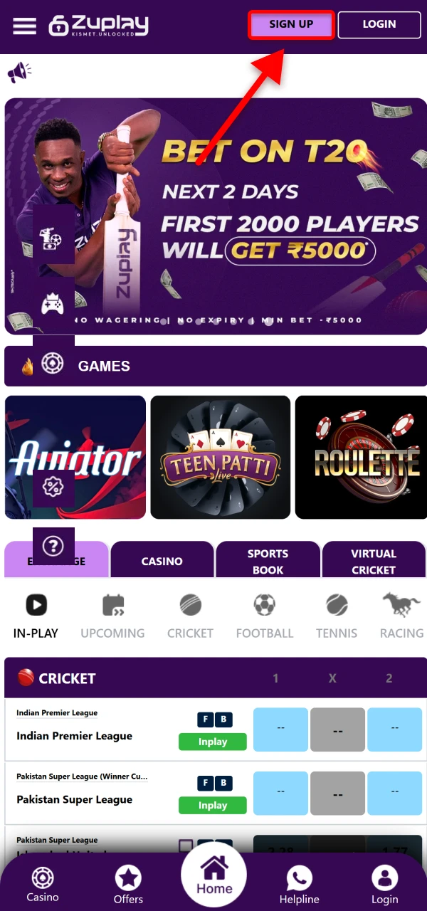 Open the Zuplay mobile app and tap the Sign Up button to start registration.