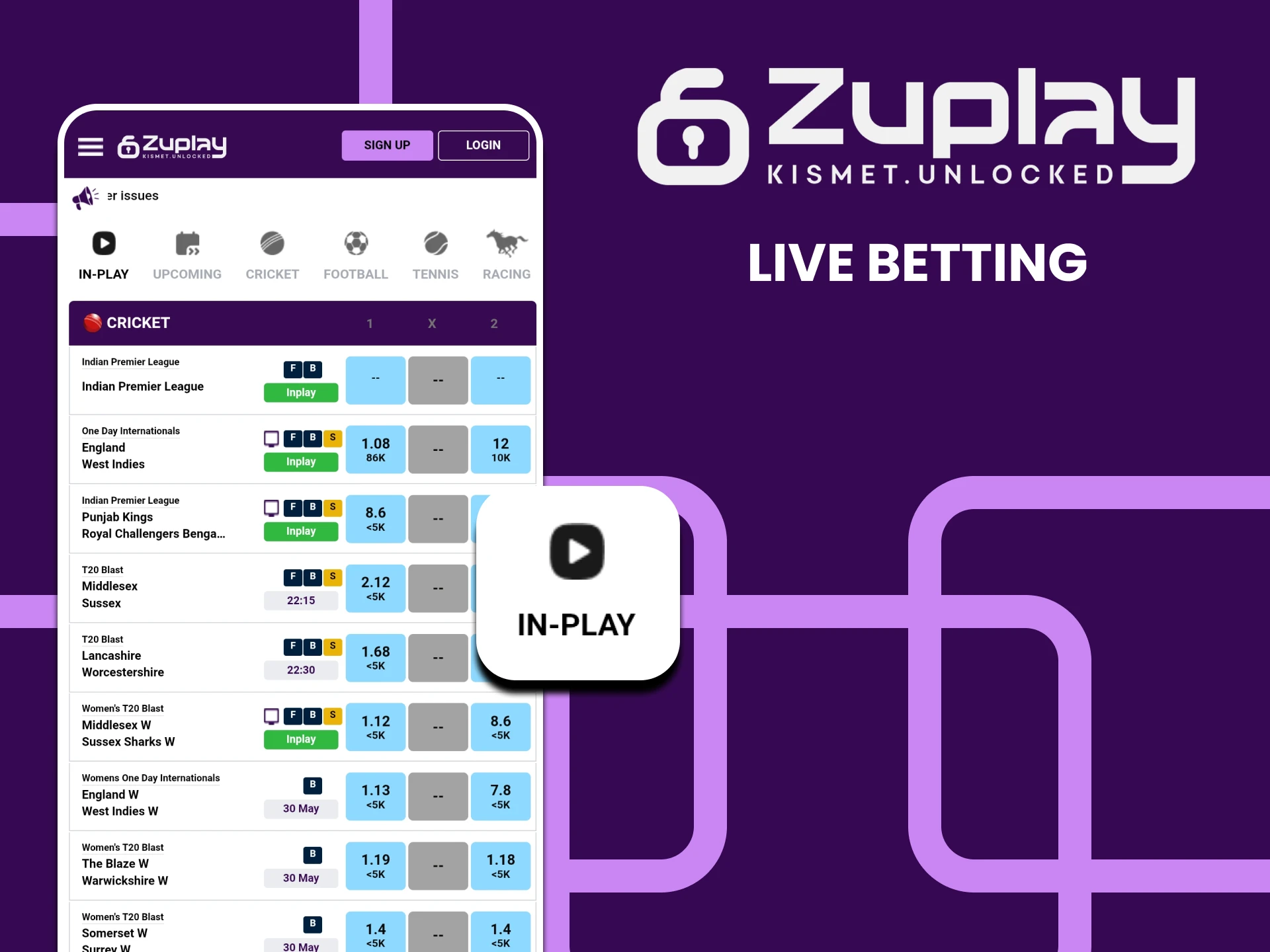 Place bets on live sports events in the Zuplay app.