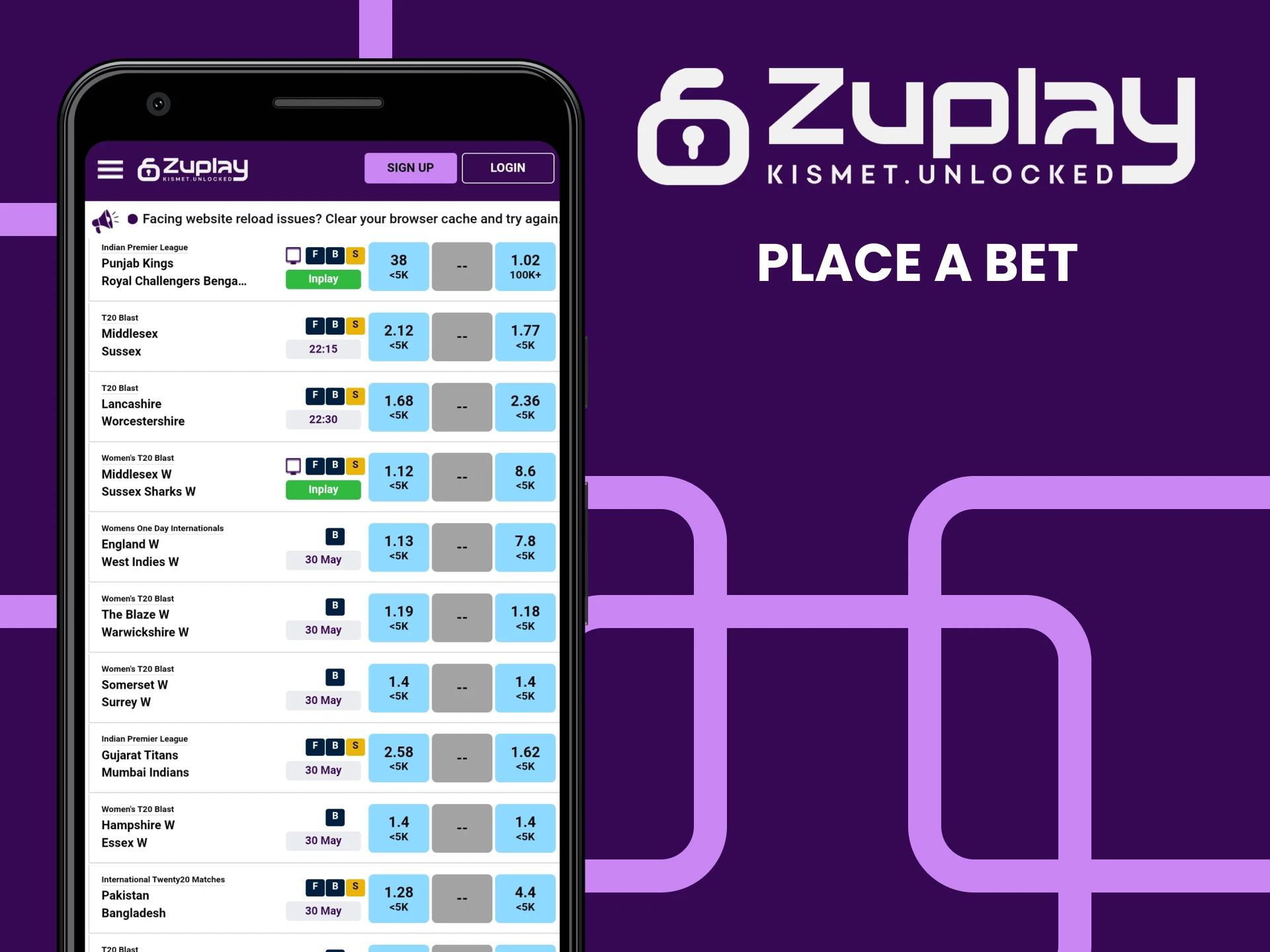 Go to the sports section of the Zuplay app.