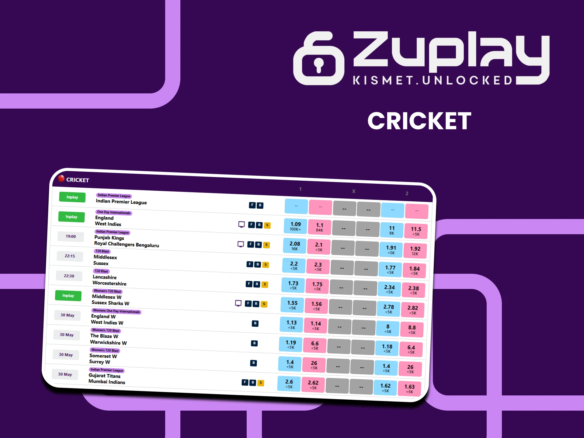 In the sports section of the Zuplay website you can bet on cricket.