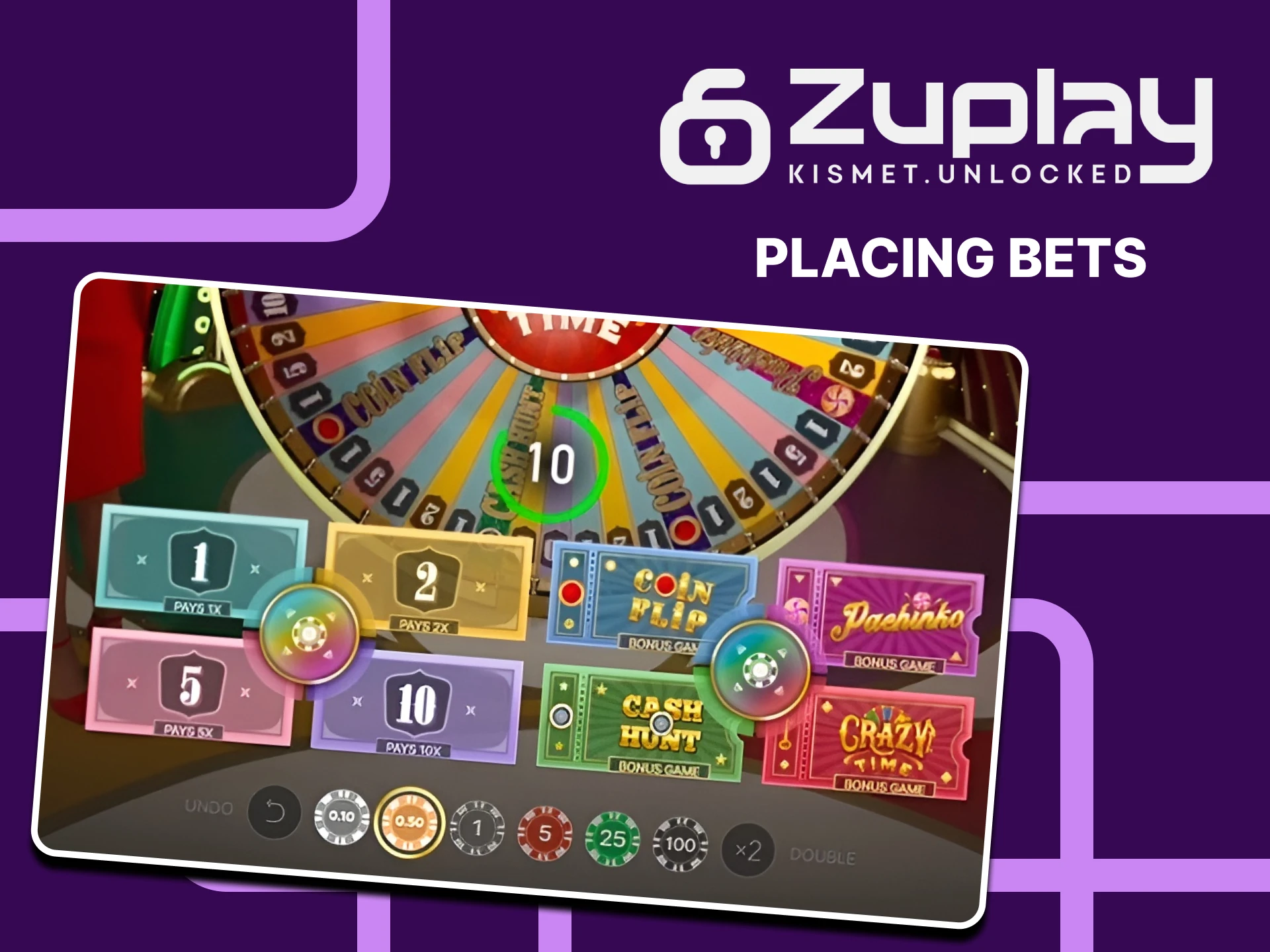 Make your choice before round begins and test your luck with Crazy Time at Zuplay.